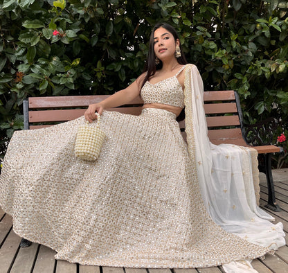 Ivory Lehenga Set with Gold and Mirror Work