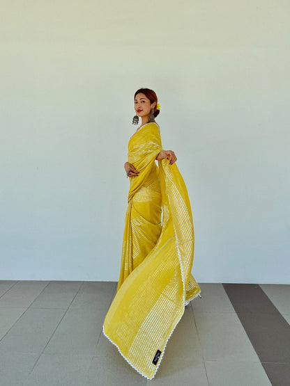 Yellow Shine Silver Gota Lace Saree