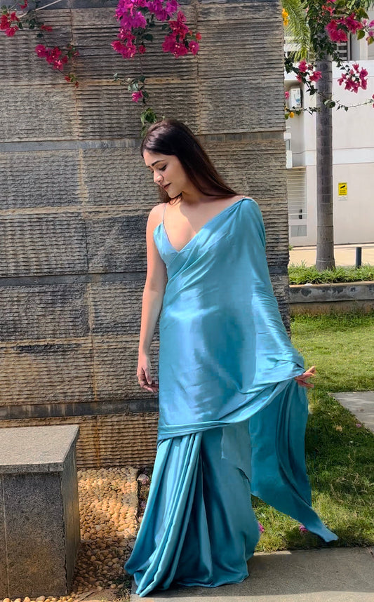 Hand-Dyed Satin Saree - Cool Blue