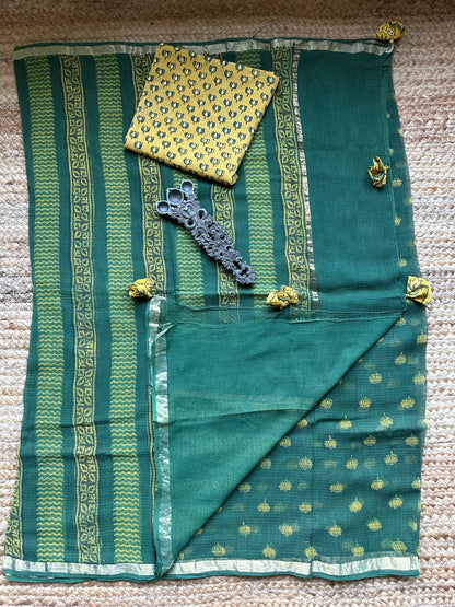 Green Yellow Booti Akola Kota Doria Handblock Saree