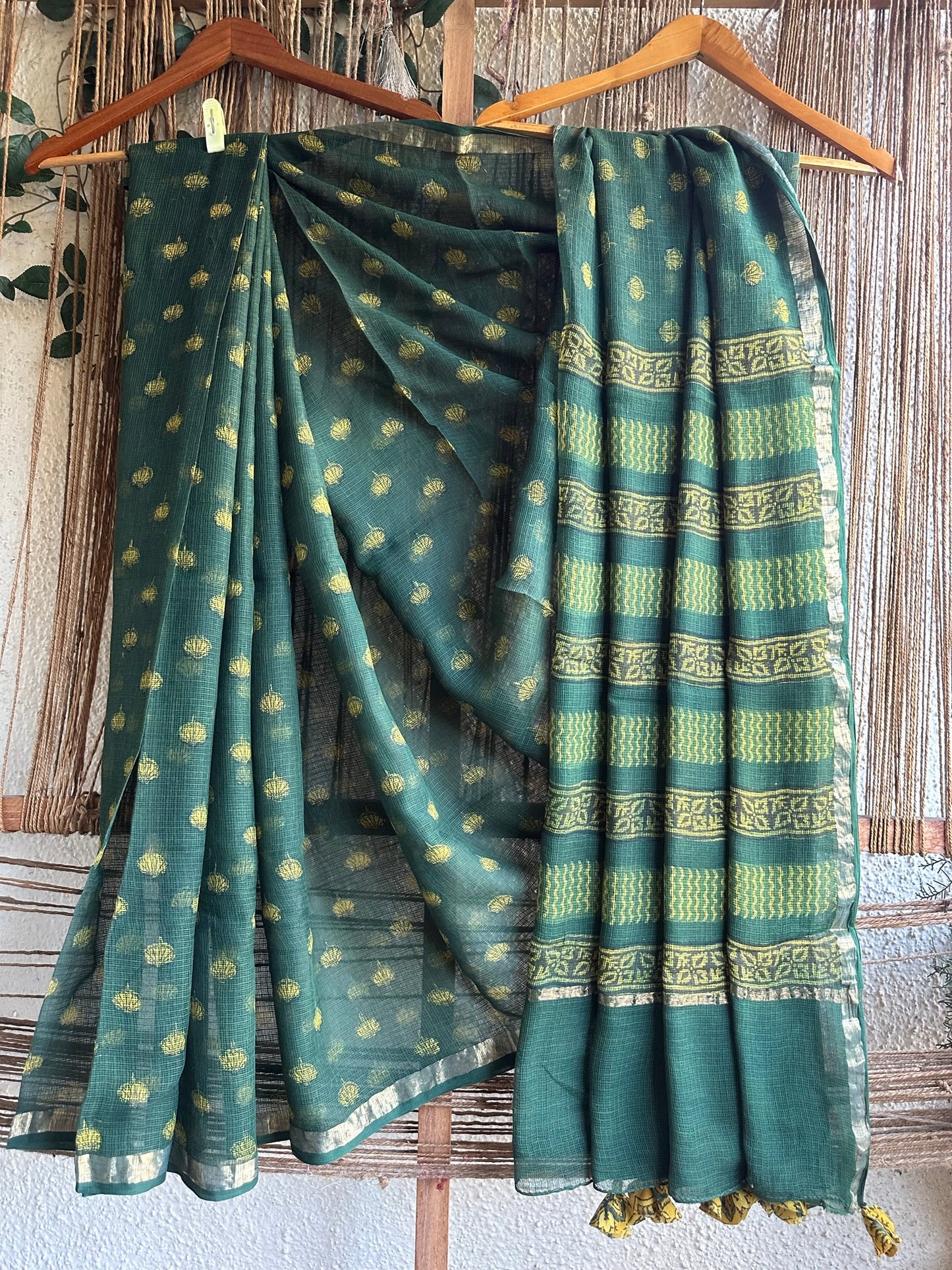 Green Yellow Booti Akola Kota Doria Handblock Saree