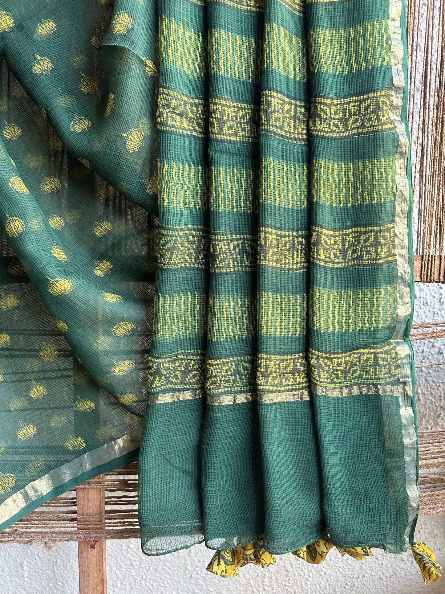 Green Yellow Booti Akola Kota Doria Handblock Saree