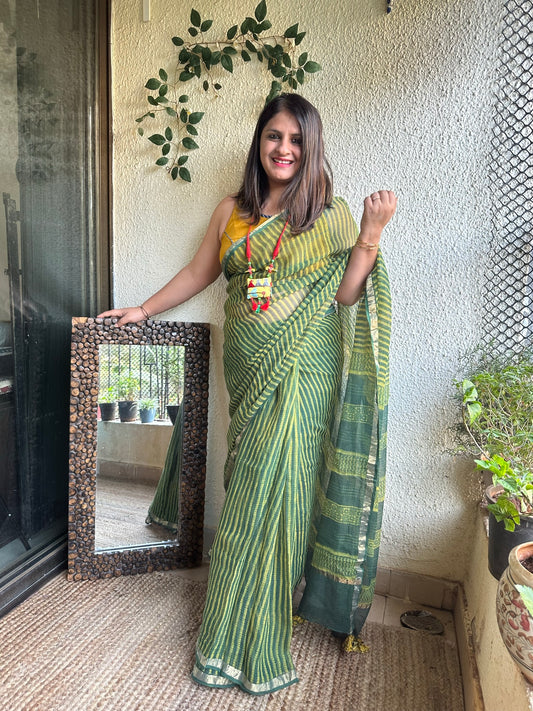 Green Stripes Akola Kota Doria Handblock Saree