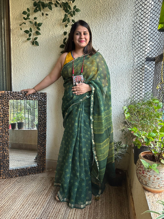 Green Yellow Floral Akola Kota Doria Handblock Saree