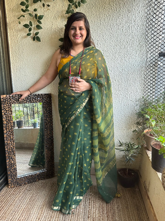 Green Yellow Booti Akola Kota Doria Handblock Saree