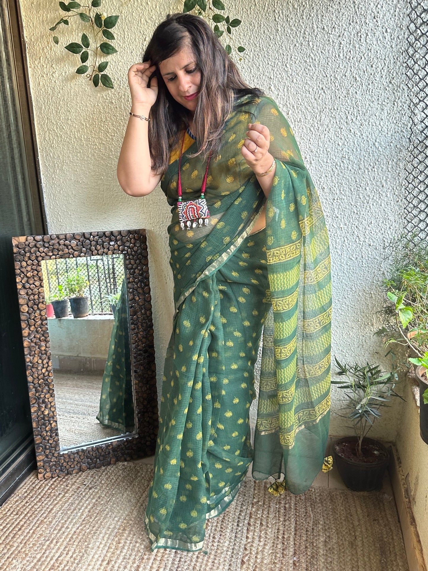 Green Yellow Booti Akola Kota Doria Handblock Saree