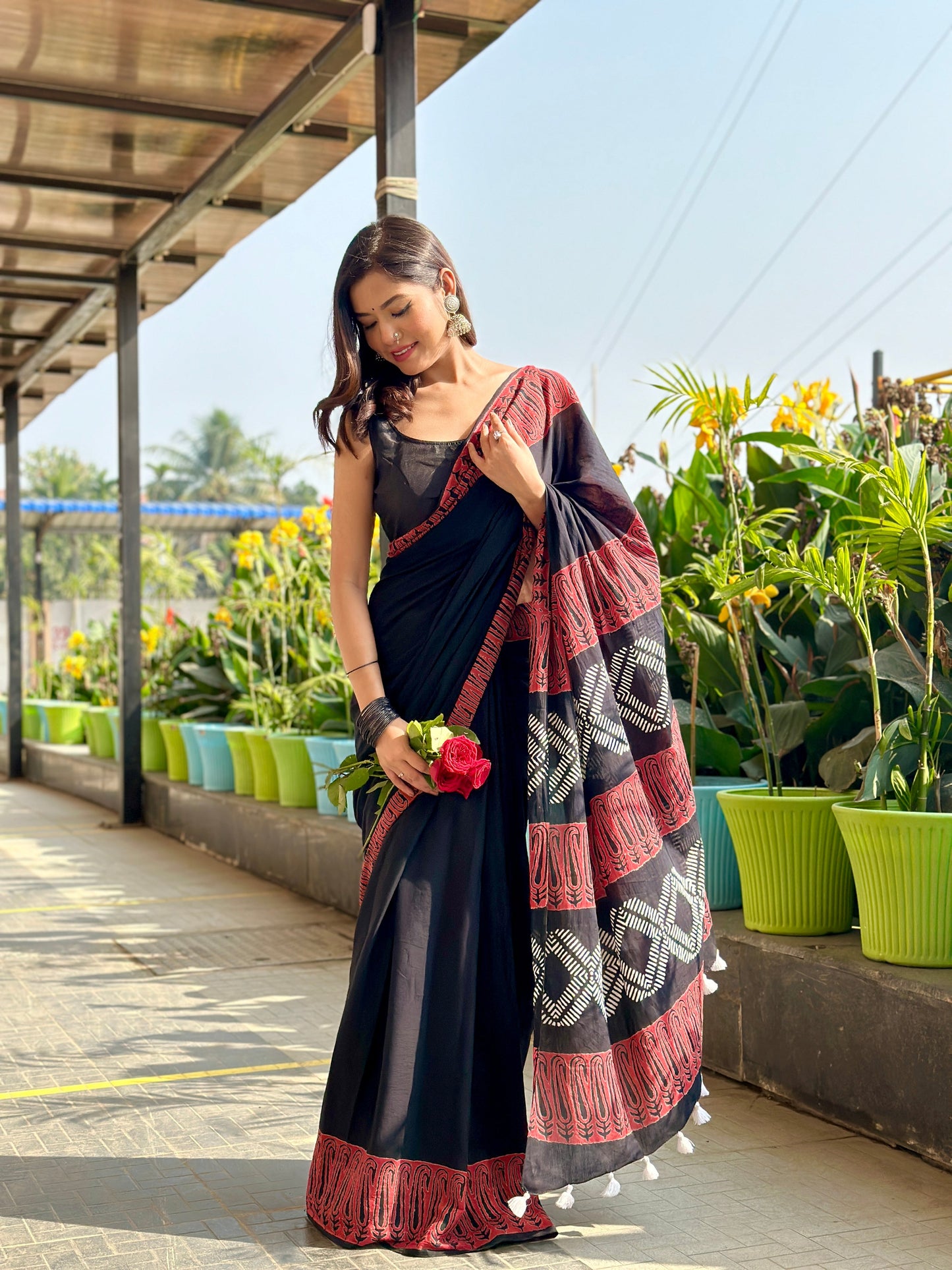 Rusty Black Handblock Print Natural Dyed Mulmul Cotton Saree