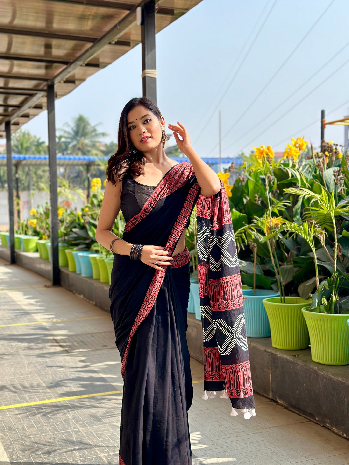 Rusty Black Handblock Print Natural Dyed Mulmul Cotton Saree