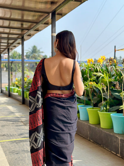 Rusty Black Handblock Print Natural Dyed Mulmul Cotton Saree