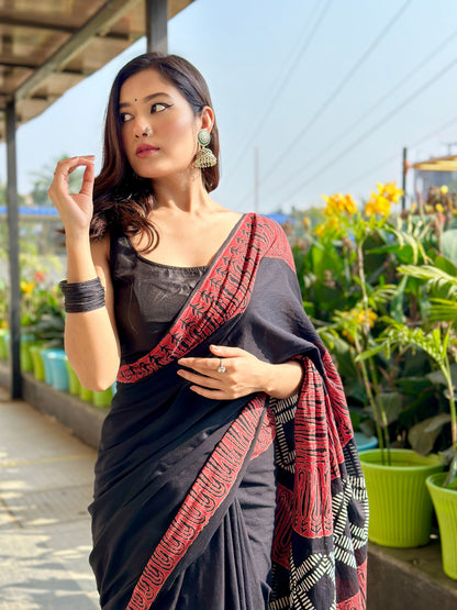 Rusty Black Handblock Print Natural Dyed Mulmul Cotton Saree