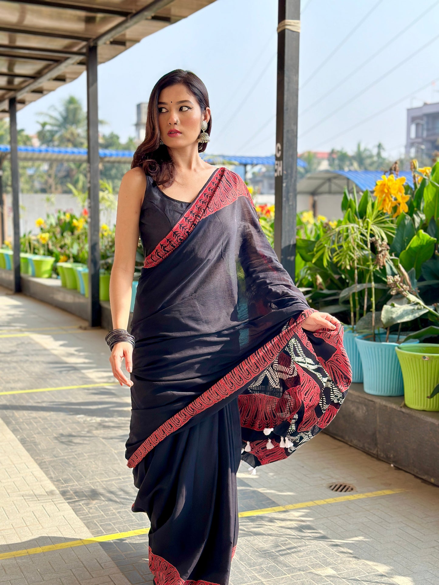 Rusty Black Handblock Print Natural Dyed Mulmul Cotton Saree