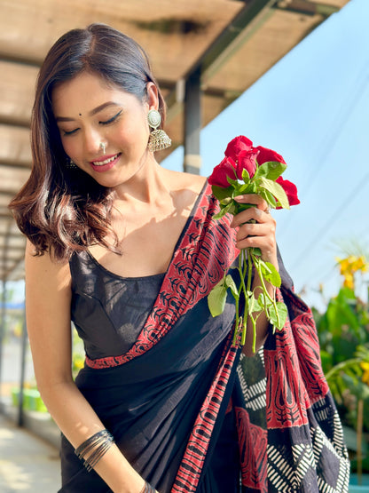 Rusty Black Handblock Print Natural Dyed Mulmul Cotton Saree