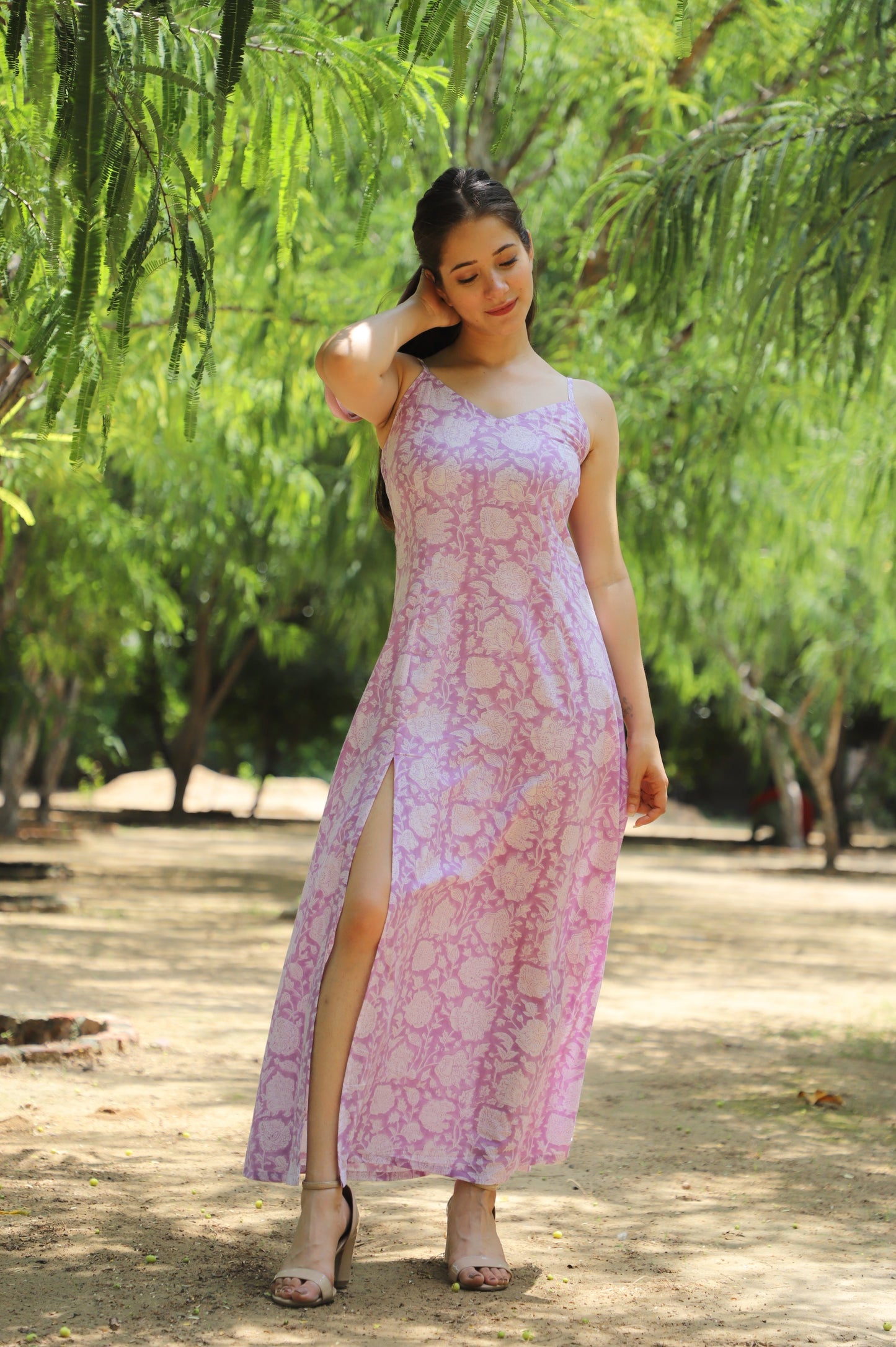 Fervent Lilac Hand Block Printed Cotton Slit Dress