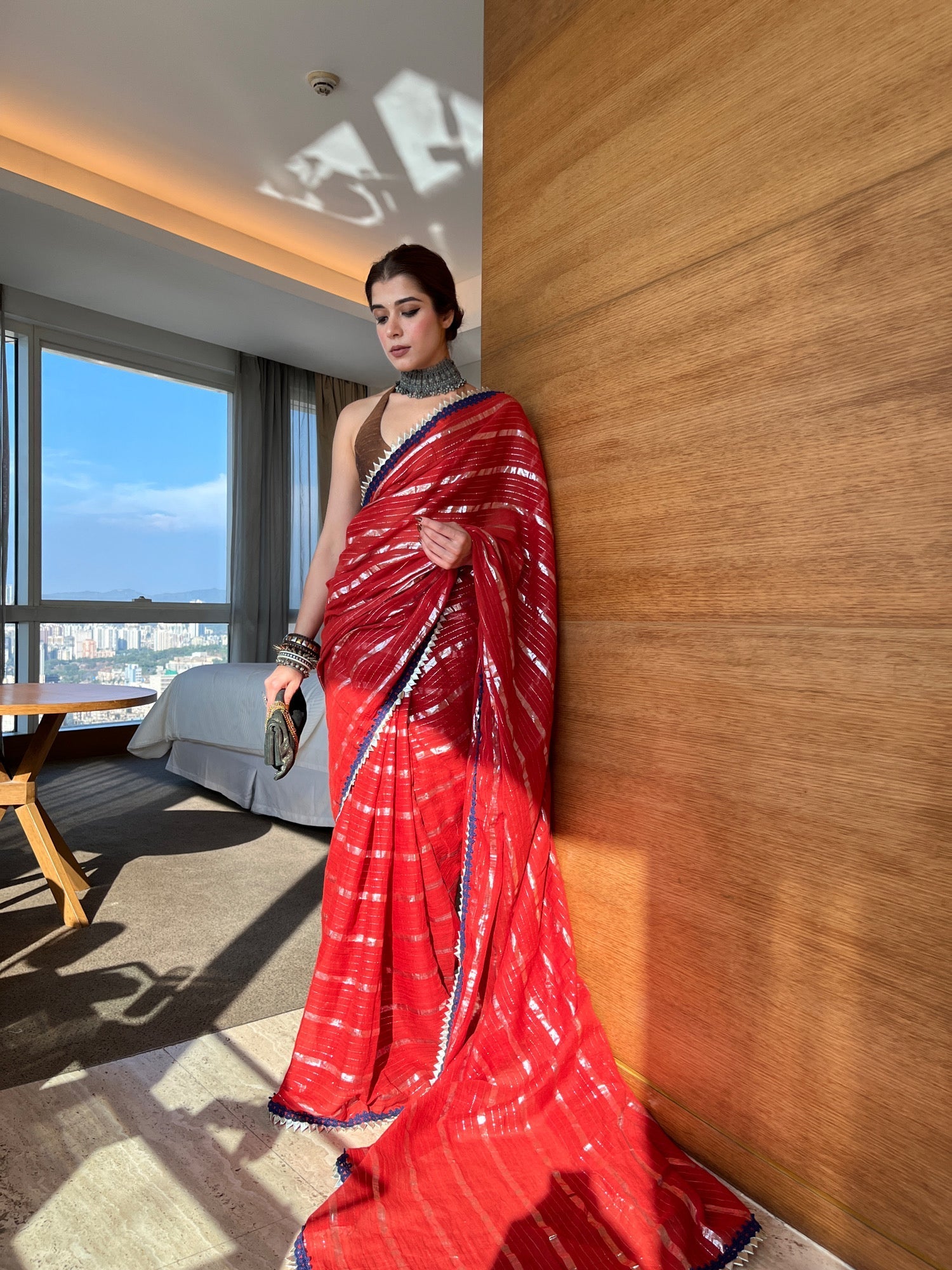 Red silver zari jaal georgette saree – House of Raadhya