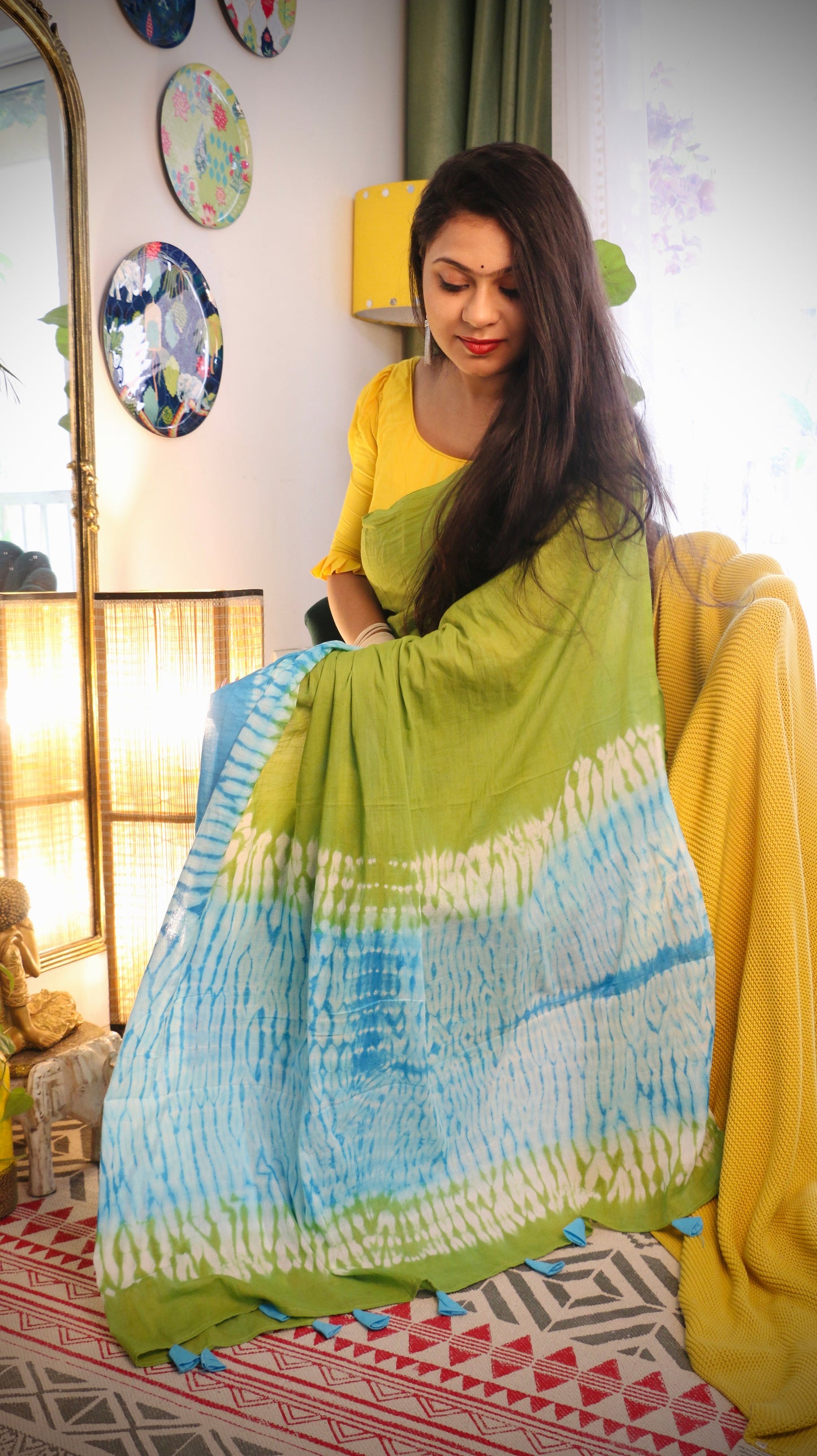 Firozi Tie & Dye Shibori Print Mulmul Cotton Saree