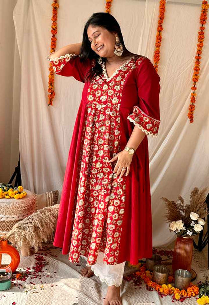 Floral Printed Anarkali - Red