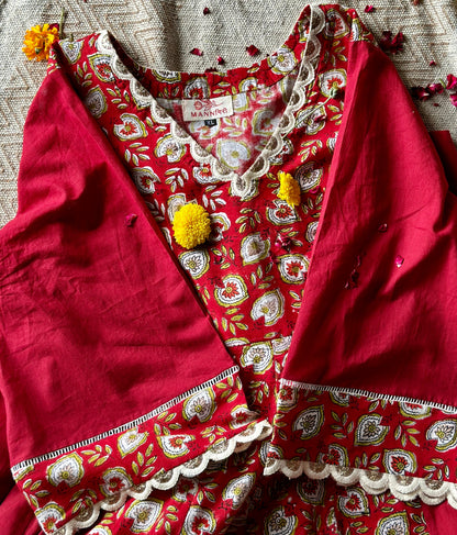 Floral Printed Anarkali - Red