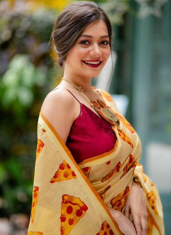 Pizza Party – Pizza Screen Print on Chanderi Saree