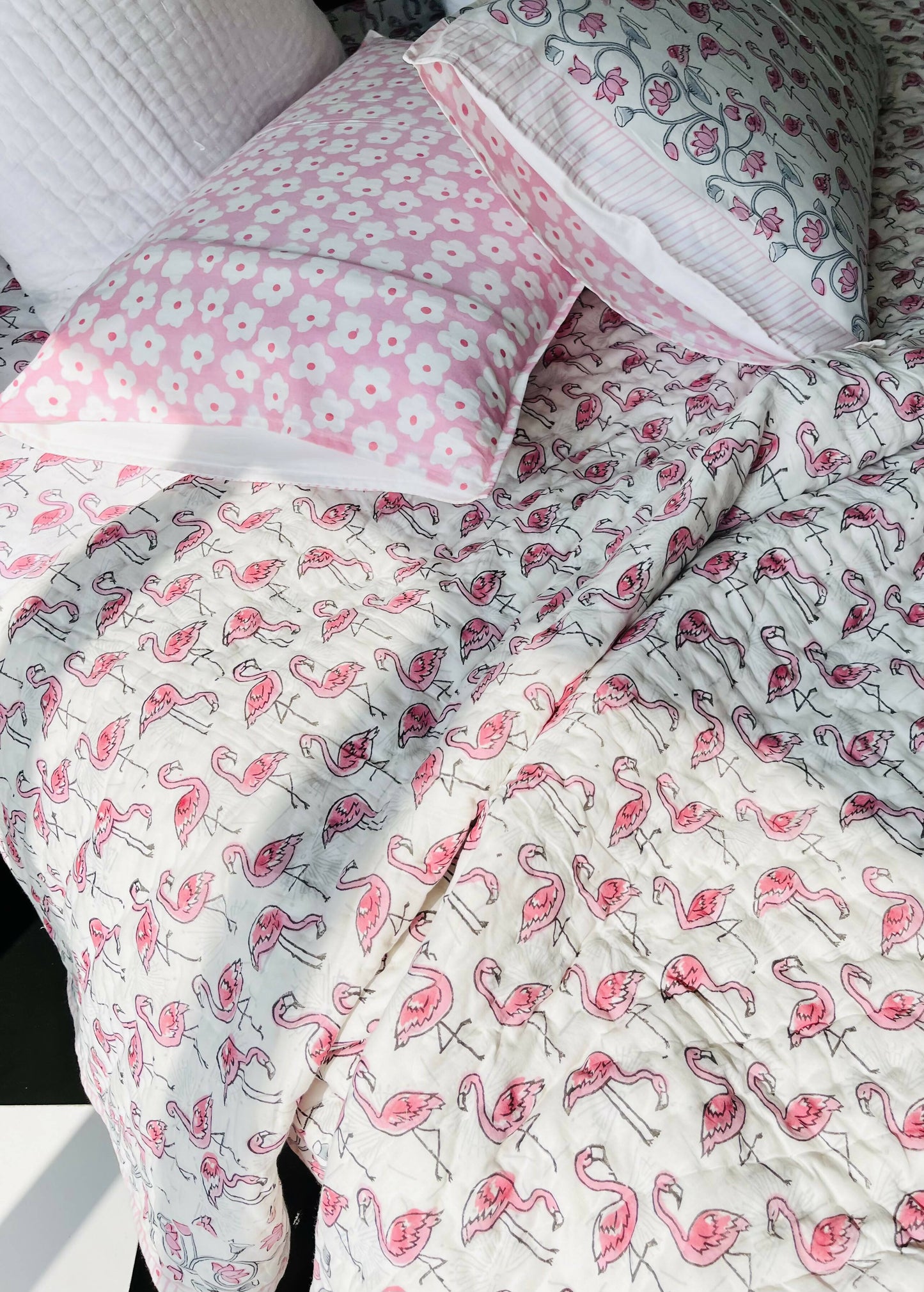 Flamingo Hand Block Printed Cotton Bedding Set