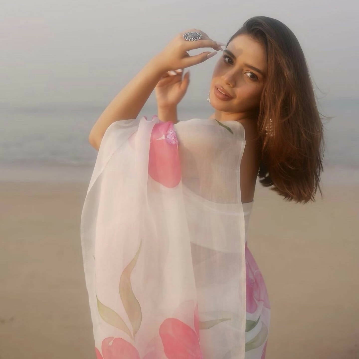 Flora Sequins Saree In White