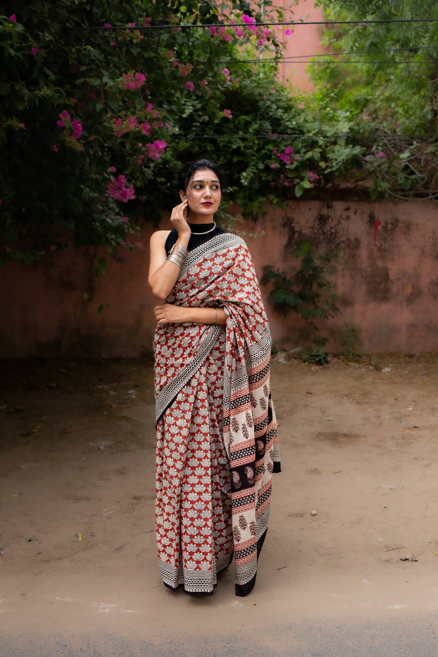 Lotus Sutra - Hand Block Print Mulmul Cotton Bagru Saree