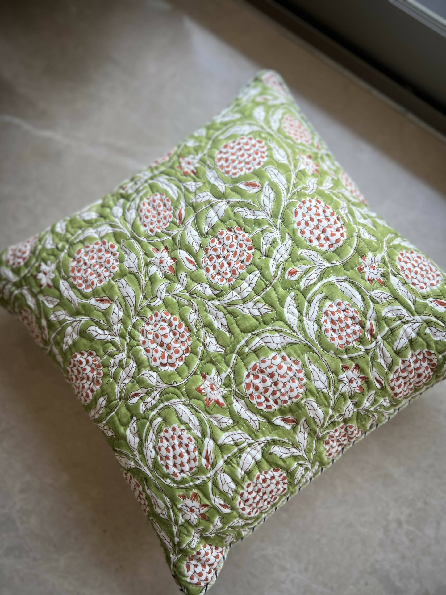 Quilted Cushion Cover| Light Green & Pink (Set of 2)