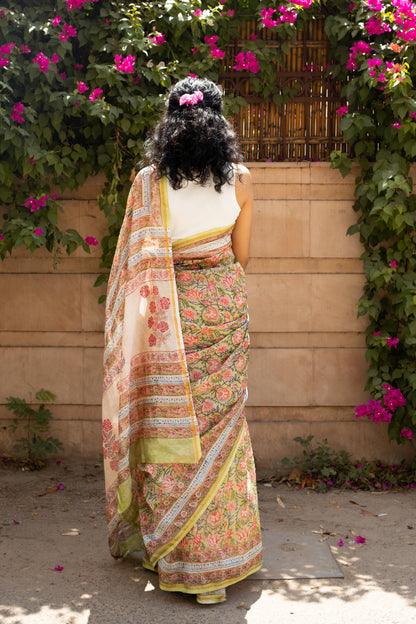 Tulip Garden - Light Green Hand Block Print Chanderi Silk Saree