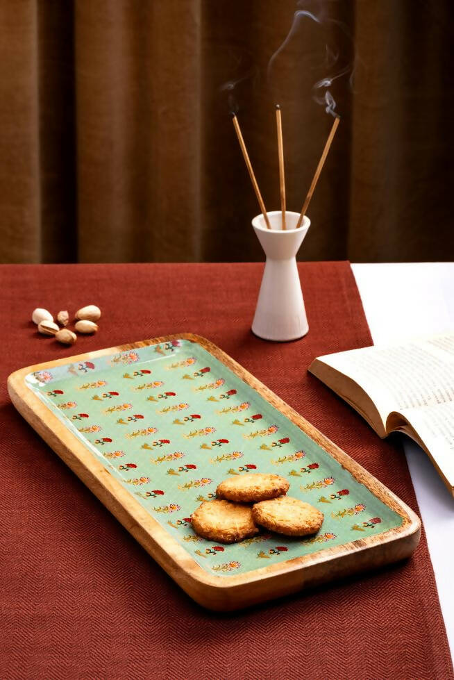 Wooden Platter - Mughal Flowers Green