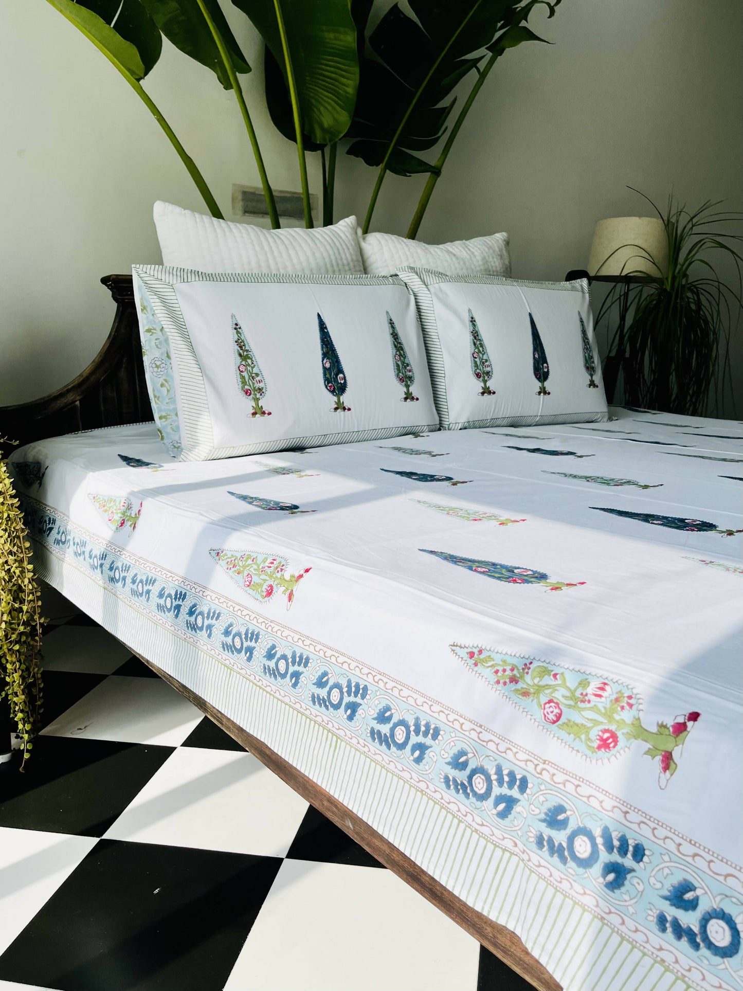 Blue Cyprus Hand Block Printed Cotton Bedding Set