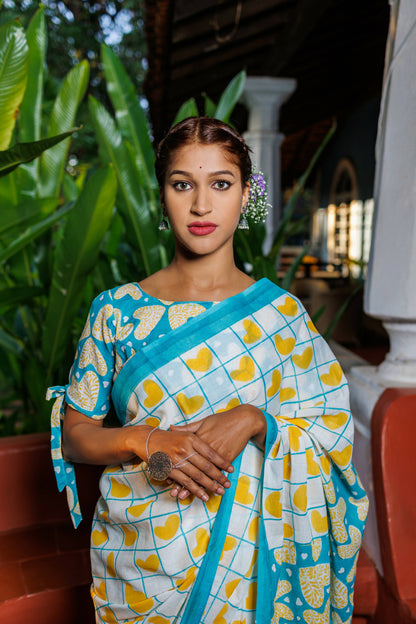 Mog Mul Cotton Blue and Yellow Saree