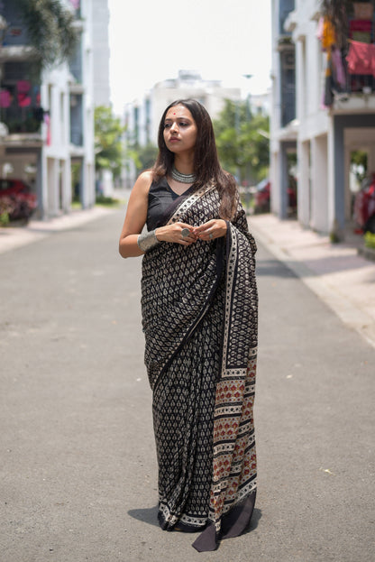 Timeless Tapestry- Hand Block Print Mulmul Cotton Bagru Saree