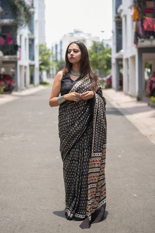 Timeless Tapestry- Hand Block Print Mulmul Cotton Bagru Saree