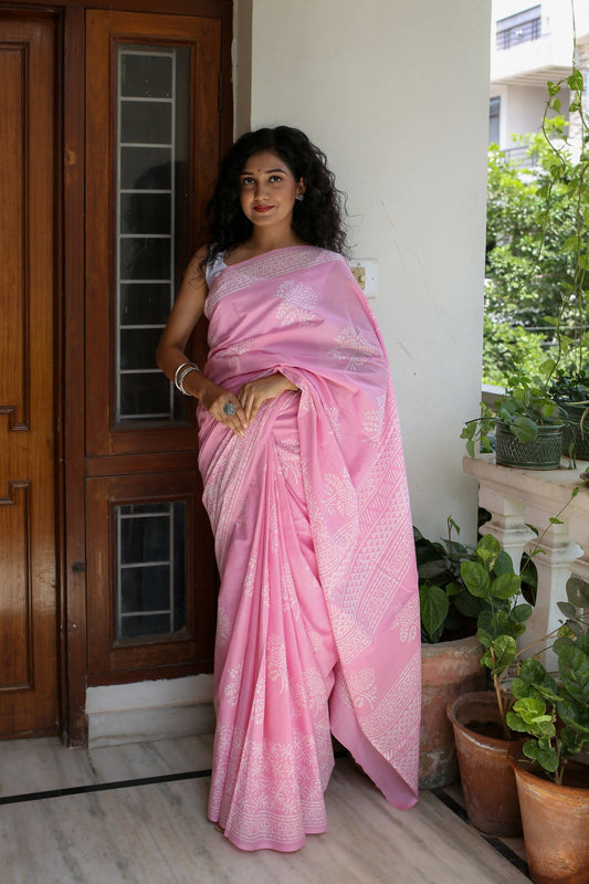 Pink Peony - Hand Block Print Mulmul Cotton Bagru Saree