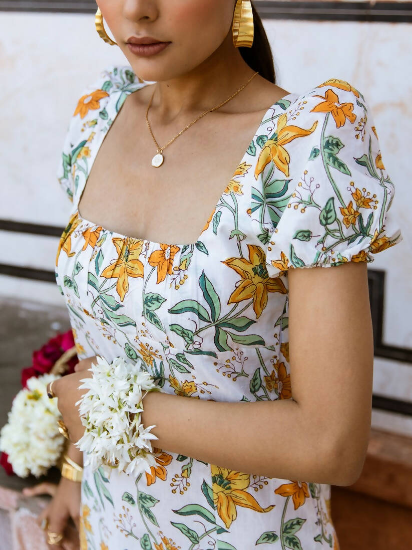 Honey Dew Midi Dress - Off Shoulder Printed Cotton Midi Dress