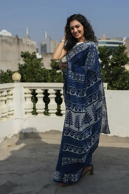 Indigo Bouquet - Dabu Hand Block Print Mulmul Cotton Bagru Saree