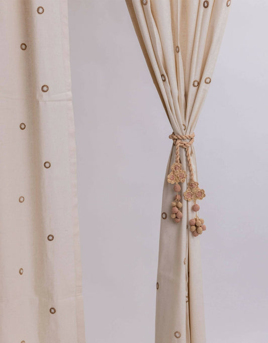 Crochet Curtain Tie Backs Pair Kono Beige Triple Flower & Beads