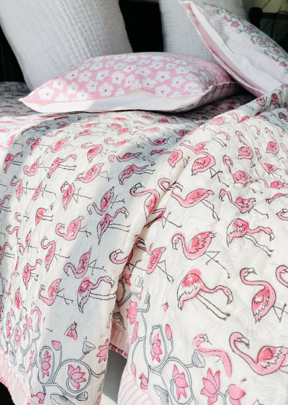 Flamingo Hand Block Print Reversible Quilt