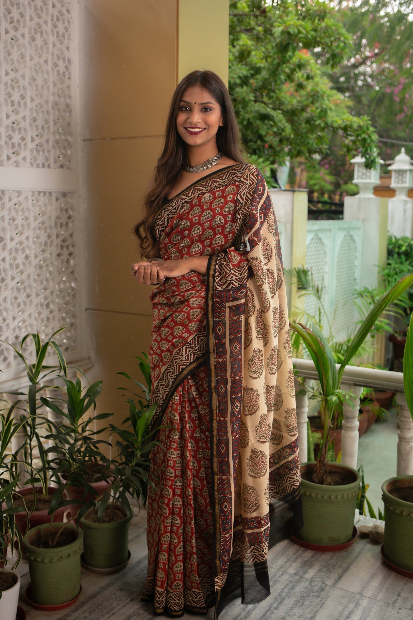 Nostalgic Cities - Hand Block Print Chanderi Silk Bagru Saree