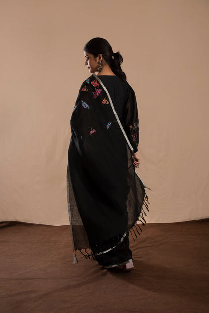 Titli Embroidered Black Linen Saree