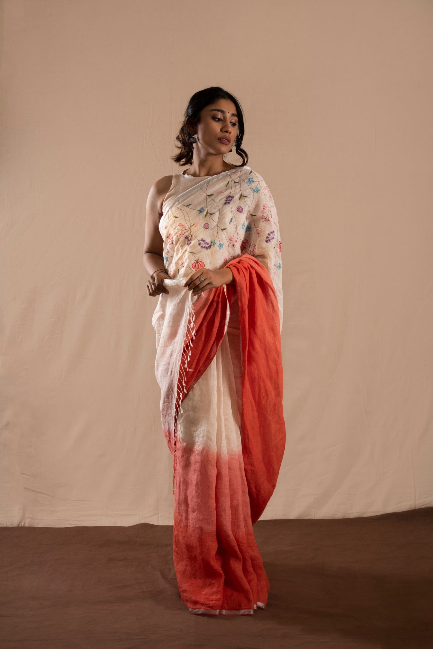 Dastaan White & Orange Linen Saree