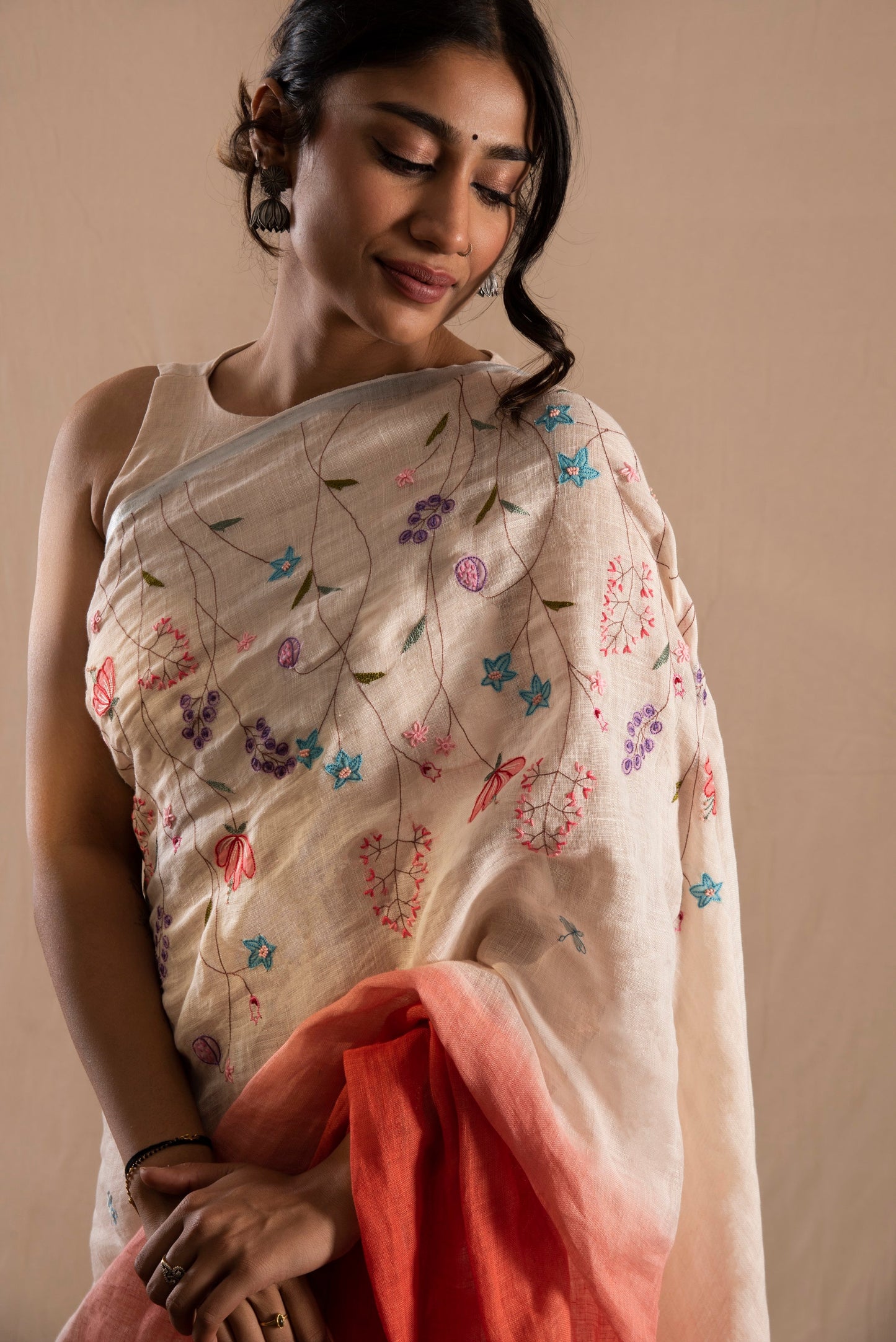 Dastaan White & Orange Linen Saree