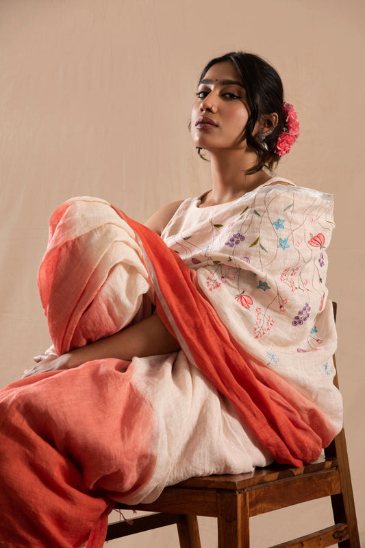 Dastaan White & Orange Linen Saree