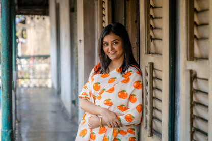 Orange White Printed Saree