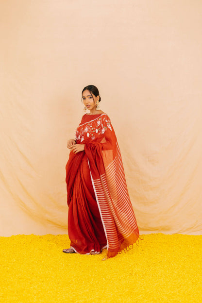 Ibtida Embroidery Red Linen Saree