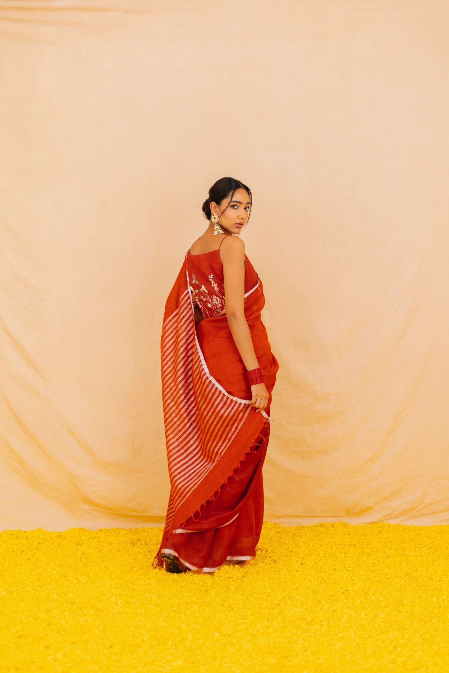 Ibtida Embroidery Red Linen Saree