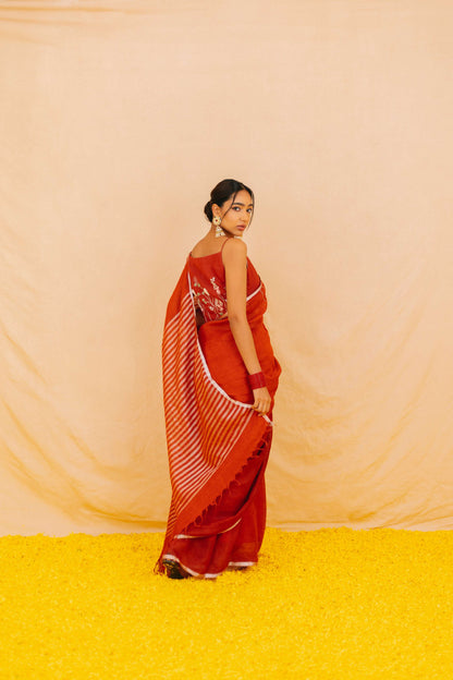 Ibtida Embroidery Red Linen Saree