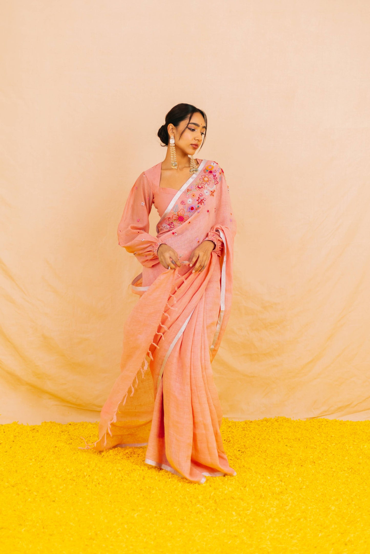 Varahi Orange Pure Linen Saree