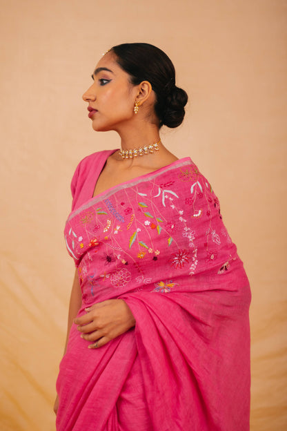 Ruhi Pink Linen Saree