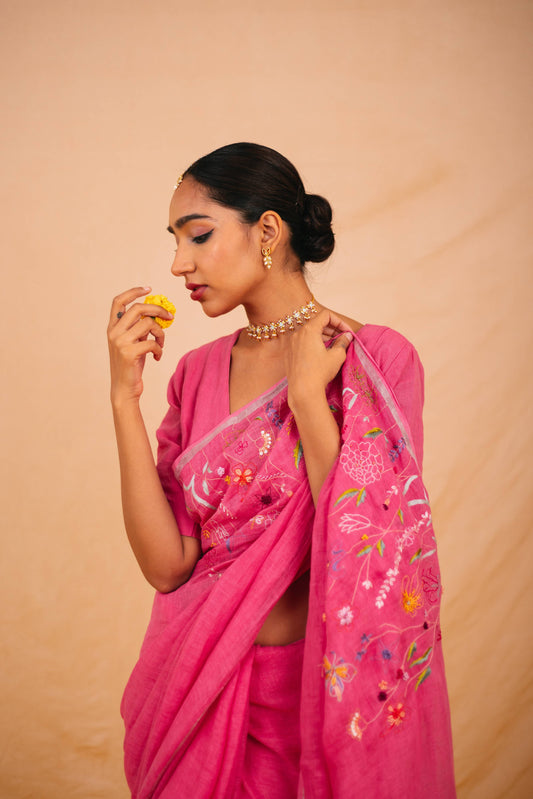 Ruhi Pink Linen Saree