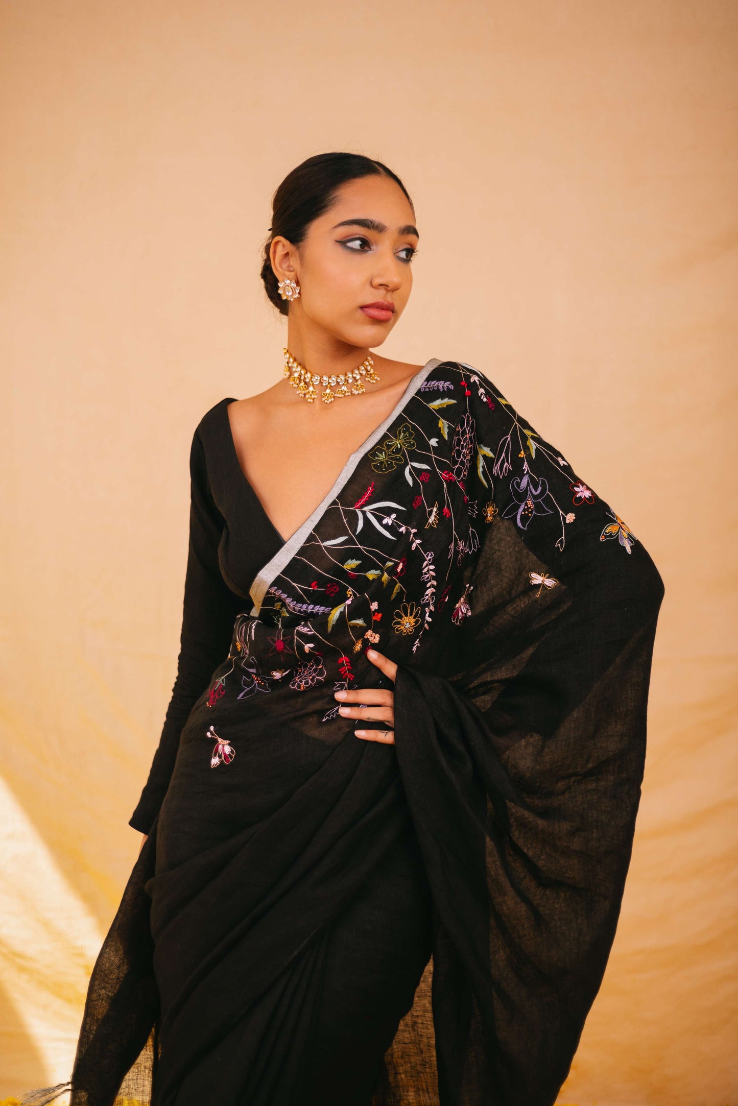 Shiuli Black Linen Saree